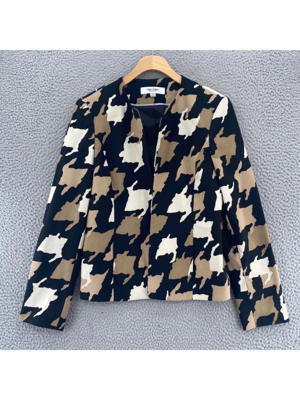 Jones Studio Blazer Womens 4 Beige Black Houndstooth Patterned Jacket Pockets
